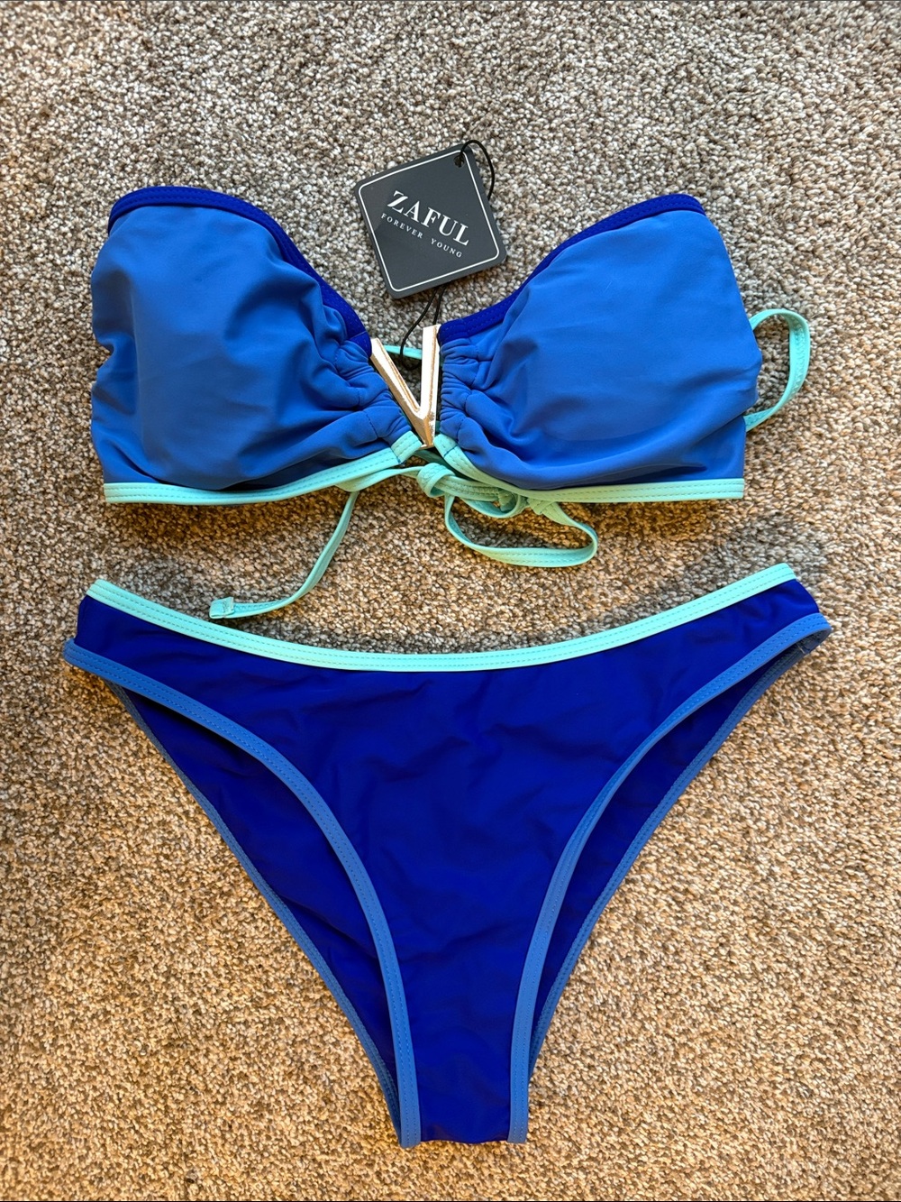 Zaful Royal Blue Bandeau Bikini with Mint Trim